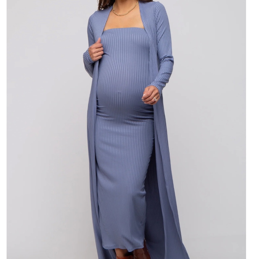 Pinkblush Blue Ribbed Sleeveless Dress Cardigan Maternity Set